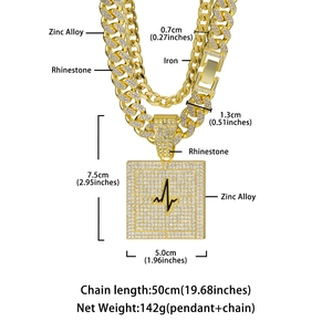 Parure de bijoux hip-hop avec pendentif carré doré, ligne de battement de cœur et chaîne cubaine