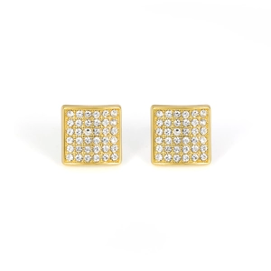 Detailed view of square gold hiphop stud earrings with micro-paved white zircons