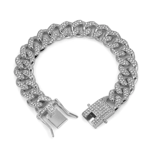 Detailed macro view of 13mm silver Cuban link bracelet with full pavé iced out crystals