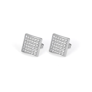 Macro shot of square iced-out stud earrings with silver metal base and clear rhinestones