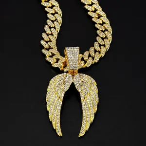 Collier Pendentif Ailes d'Ange Hip Hop Strass de Glace Alliage Chaîne Cubaine Bijoux Homme Streetwear Or Argent Charme