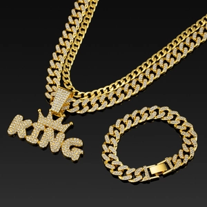 Vergoldeter Hip Hop KING Kronen Anhänger mit Iced Out Cuban Kette und Armband Set
