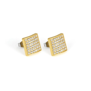 Luxurious gold-plated square hiphop stud earrings with paved rhinestones on white background