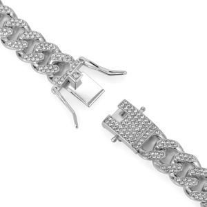 Detail of silver Cuban link chain with pave setting rhinestones and secure box clasp