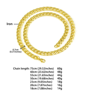 Detail view of 7mm golden cuban link chain showing iron material specs and sizing info