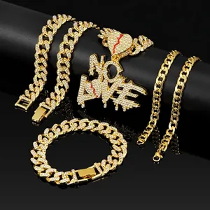 Hip Hop Jewelry Set NO LOVE Letter Broken Heart Pendant Iced Out Alloy Rhinestone Cuban Link Necklace Bracelet For Unisex