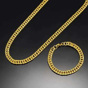Golden 8mm curb chain necklace and bracelet set for men with a polished hip-hop style