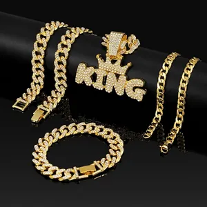 Luxuriöser Hip-Hop-Schmuck Legierung Strass Krone KING Anhänger Halskette Und Schwere Panzerkette Armband Für Damen Herren