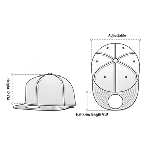 Hip hop flat brim hat size guide showing 12cm height and 7cm brim with adjustable strap