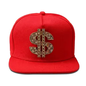 Casquette de Baseball Hip Hop Snapback Avec Signe Dollar Or en Strass Décor Métal Streetwear Bord Plat Pour Hommes Femmes