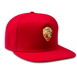 Detailed side view showing gold lion head emblem on a red snapback hip-hop hat