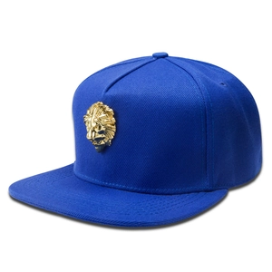 Hip hop snapback hat in royal blue with a 3D gold lion head metallic emblem on front