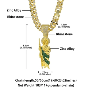 Hip hop San Judas religious pendant with cubic zirconia and gold plated Cuban chain