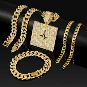 Collier Et Bracelet Hip Hop Iced Out En Alliage Strass Pendentif Carré Battement De Coeur Chaîne Gourmette Bijoux Pour Hommes Femmes Fête