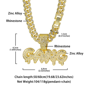 Hip hop style gold Cuban chain with iced out GANG letter pendant and dimensions