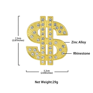 Close-up of zinc alloy dollar sign accessory with rhinestones and detailed dimensions