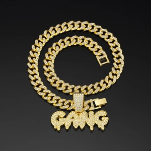 Iced out gold Cuban link necklace with GANG letter pendant for hip-hop street fashion style