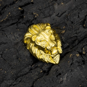 Detailaufnahme eines polierten goldenen Löwenkopf-Accessoires mit feiner Metalltextur
