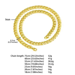 7mm gold Cuban link chain for men, hip hop style jewelry available in 18cm to 75cm lengths