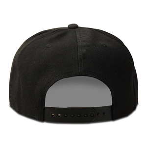 Detailed back view of a black hip-hop snapback hat showing the plastic adjustable strap