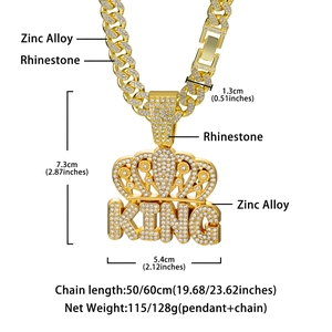 Detailed size specifications for the gold KING crown pendant and Cuban link necklace