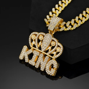 Hip hop style gold plated KING crown pendant necklace with iced out crystals and Cuban link chain