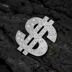 Silver dollar sign pendant with white rhinestones and hip-hop street style metal finish