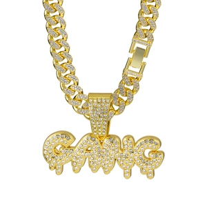 Hip hop Cuban link necklace with GANG letter pendant and gold finish iced out rhinestones