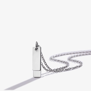 Polished silver double rectangular pendant necklace on a sleek O-chain with long shadow