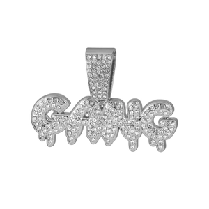 Detailed macro view of silver GANG pendant featuring sparkling hip-hop style iced out stones