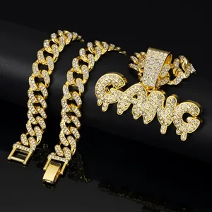 Hip Hop Zinc Alloy Iced Out Rhinestone GANG Letter Pendant Necklace Gold Silver Cuban Link Chain For Men Women Jewelry