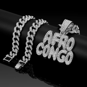 Silberne Iced Out Miami Panzerkette mit AFRO CONGO Buchstaben-Anhänger für Herren
