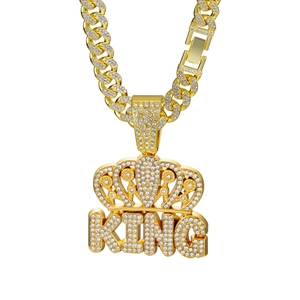 Hip hop iced out crown KING pendant necklace with rhinestone Cuban link chain