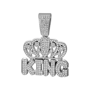 Detailed view of silver crown KING pendant with iced-out micro-paved rhinestones