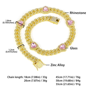 Detailed view of gold Cuban link chain with pink heart stone and sizing dimensions