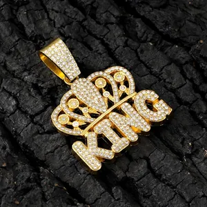 Hip Hop Iced Out King Crown Pendant Necklace Heavy Cuban Link Chain Alloy Rhinestone Streetwear Jewelry Gold Silver