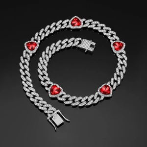 Silver Cuban link necklace with red heart gems and sparkling pave crystals for women