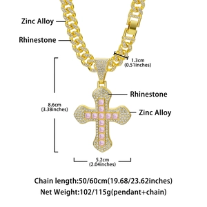 Hip hop gold cross pendant with pink square stones and zinc alloy Cuban chain detail
