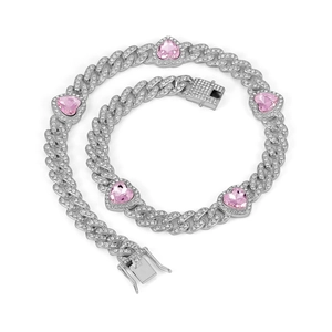 Pink heart crystal Cuban link necklace in silver finish for women hip hop style