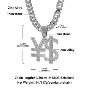 Detail view of iced out dollar sign pendant with zinc alloy material specs and dimensions