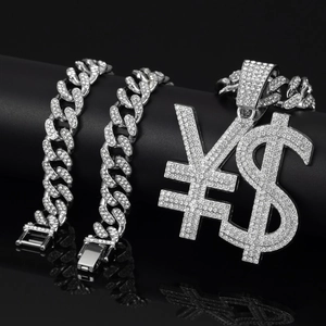 Detailed close-up of hip hop iced-out currency pendant with sparkling Cuban chain