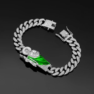 Iced out silver Cuban link bracelet with green enamel San Judas Tadeo pendant for men