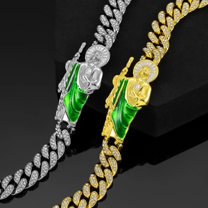 Two-tone St. Jude religious bracelets with iced out cuban links and green enamel inlay