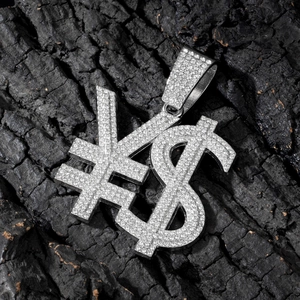 Iced out hip hop pendant with dollar and yen symbols on sparkling cuban link chain