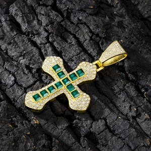 Hip hop gold cross pendant with green emerald square stone and white cubic zirconia accents