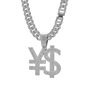 Iced-out dollar and yen sign pendant necklace with diamond cuban link chain