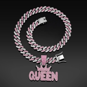 Hip-Hop-Halskette mit rosa-weißem QUEEN-Kronenanhänger und massiver kubanischer Kette