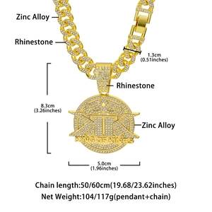 Detailed view of hip hop King of Kings pendant with dimensions and rhinestone inlay specs