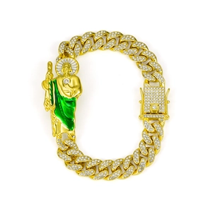 Luxurious Cuban chain bracelet with iced-out Saint Jude pendant and green enamel details