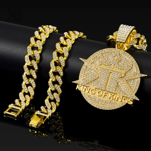 Iced out King of Kings pendant necklace with gold plated cuban link chain for men
